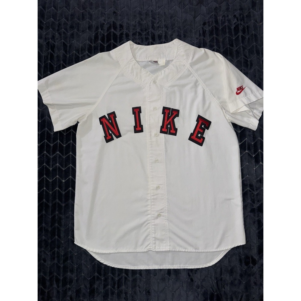 Vintage 90s Nike Spell Out Baseball Jersey Shirt Button Up White Sz Large
